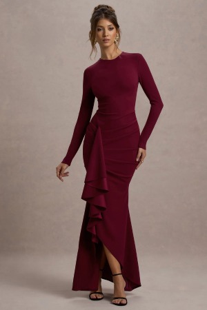Club L London Berry Long-Sleeve Maxi Dress With Ruffled Split