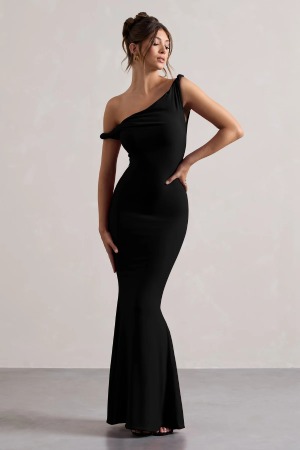 Club L London Black Twisted Asymmetric Maxi Dress